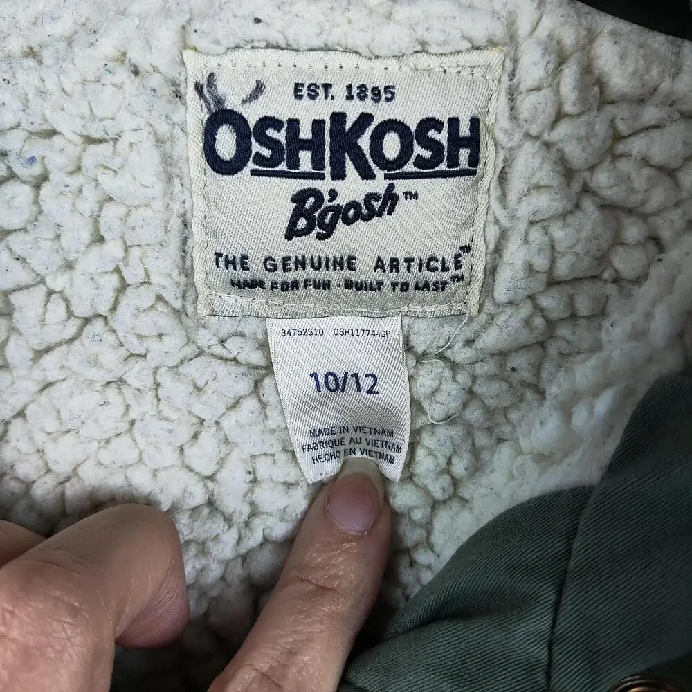 OshKosh B'gosh Jacket Youth 10-12 Green Hooded Sherpa Lined Canvas Parka Coat